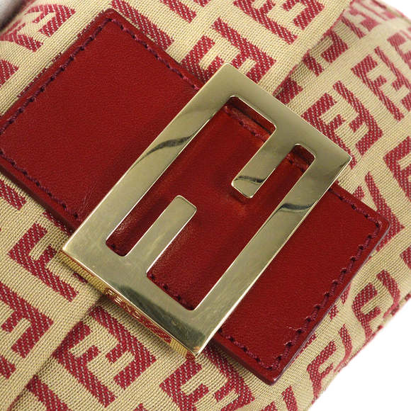 FENDI Zucchino Mamma Baguette Mini Handbag Red Beige 97827 - Picture 4 of 10